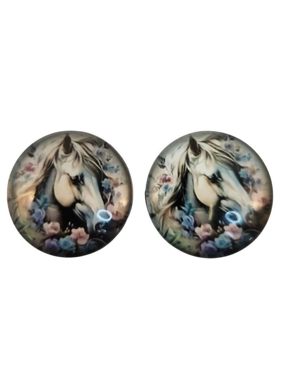 Set of 2 White Horse Floral Glass Cabochons 1 Inch Round Craft Supply